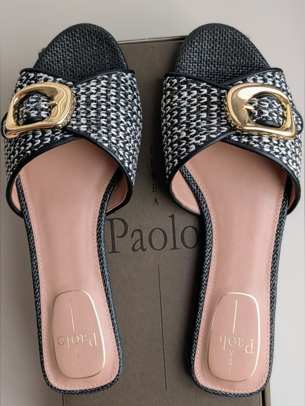 NIB Linea Paolo Leighton-L Black Raffia Slide Sandals Gold Buckle Size 8